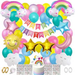 Joya Party® Regenboog Wolken Verjaardag Versiering Set | Feest Decoratie Pastel Ballonnen | Feestdecoratie Verjaardag & Themafeest | Feestversiering met slingers, cupcake topper, taarttopper & eenhoorn tattoos voor kinderen